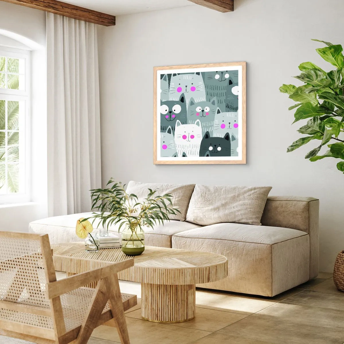 Plakát v rámu světlý dub - Kočičí svět - 50x50 cm