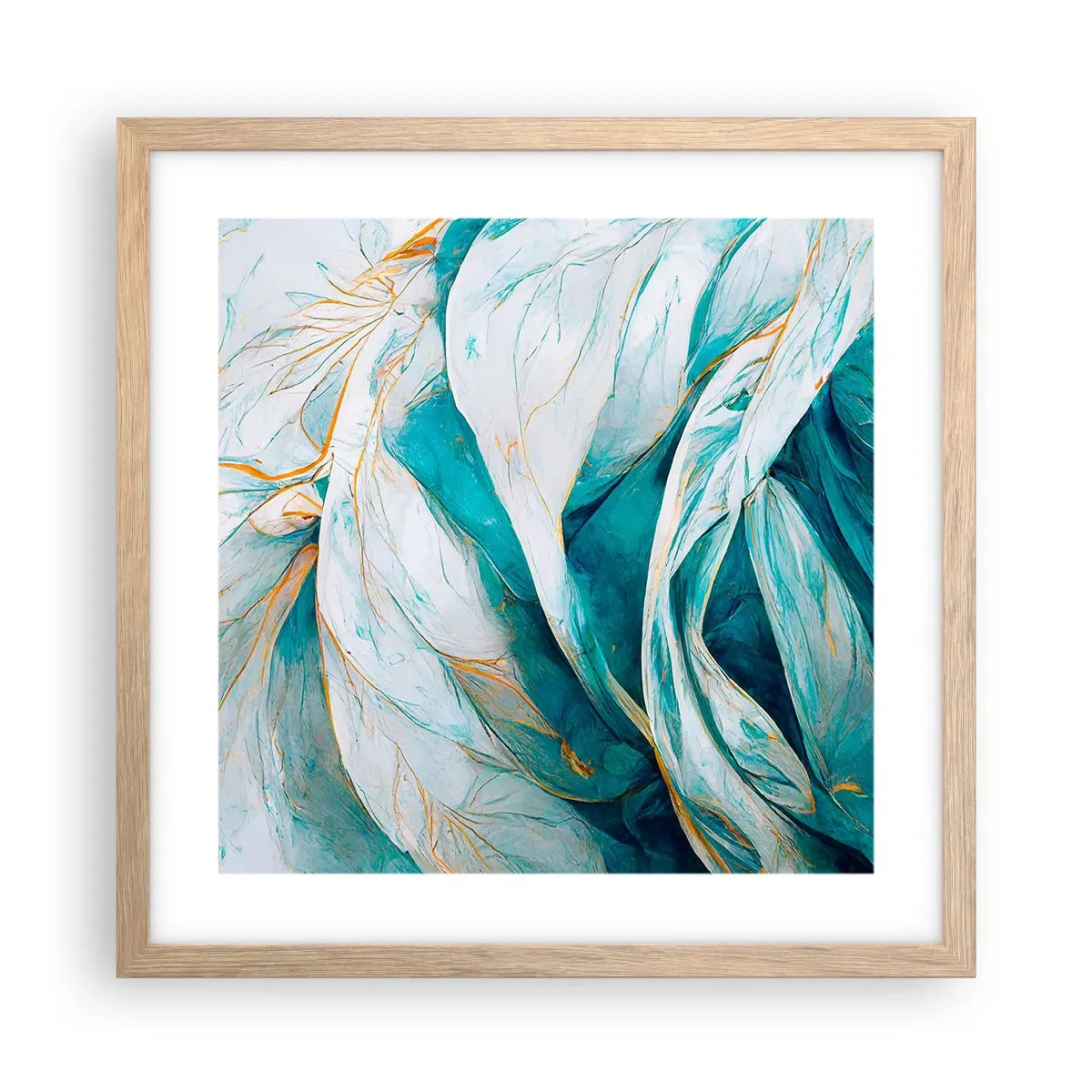 Plakát v rámu světlý dub - Modrá abstrakce se zlatým motivem - 40x40 cm