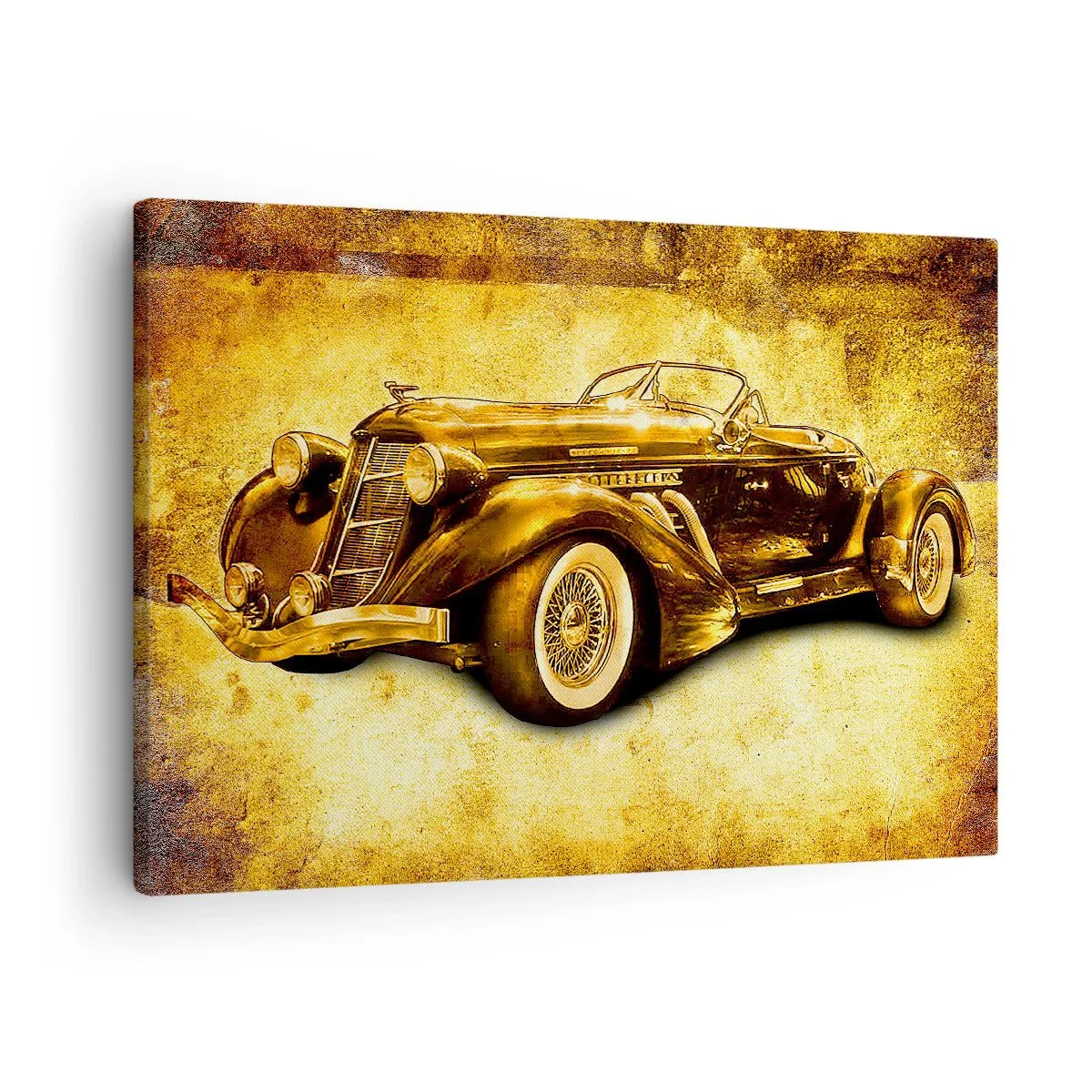 Obraz na plátně - Klasický zlatý retro kabriolet na vintage pozadí v teplých barvách. - 70x50cm - Elita elit - Moderní nástěnná dekorace do obývacího pokoje a ložnice ARTTOR