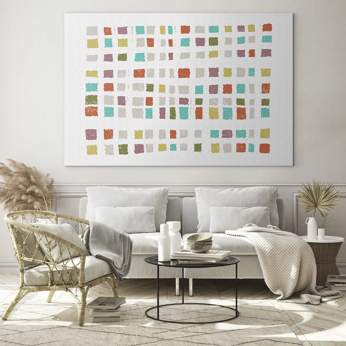 Obraz na skle - Barevná mozaika čtverců na bílém pozadí v abstraktním stylu - 70x50cm - Neznámá hra - Moderní nástěnná dekorace do obývacího pokoje a ložnice ARTTOR