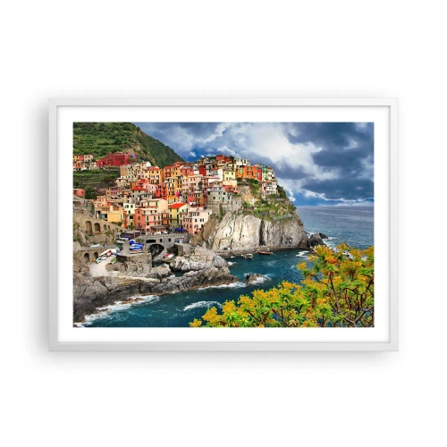 Plakát v bílém rámu - Hromádka přitulená ke skalám - 70x50 cm