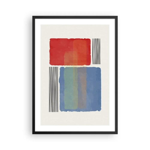Plakát v černém rámu - Abstraktní kompozice s červenými a modrými obdélníky - 50x70cm - Duch a písmeno geometrie - Moderní nástěnná dekorace do obývacího pokoje a ložnice ARTTOR