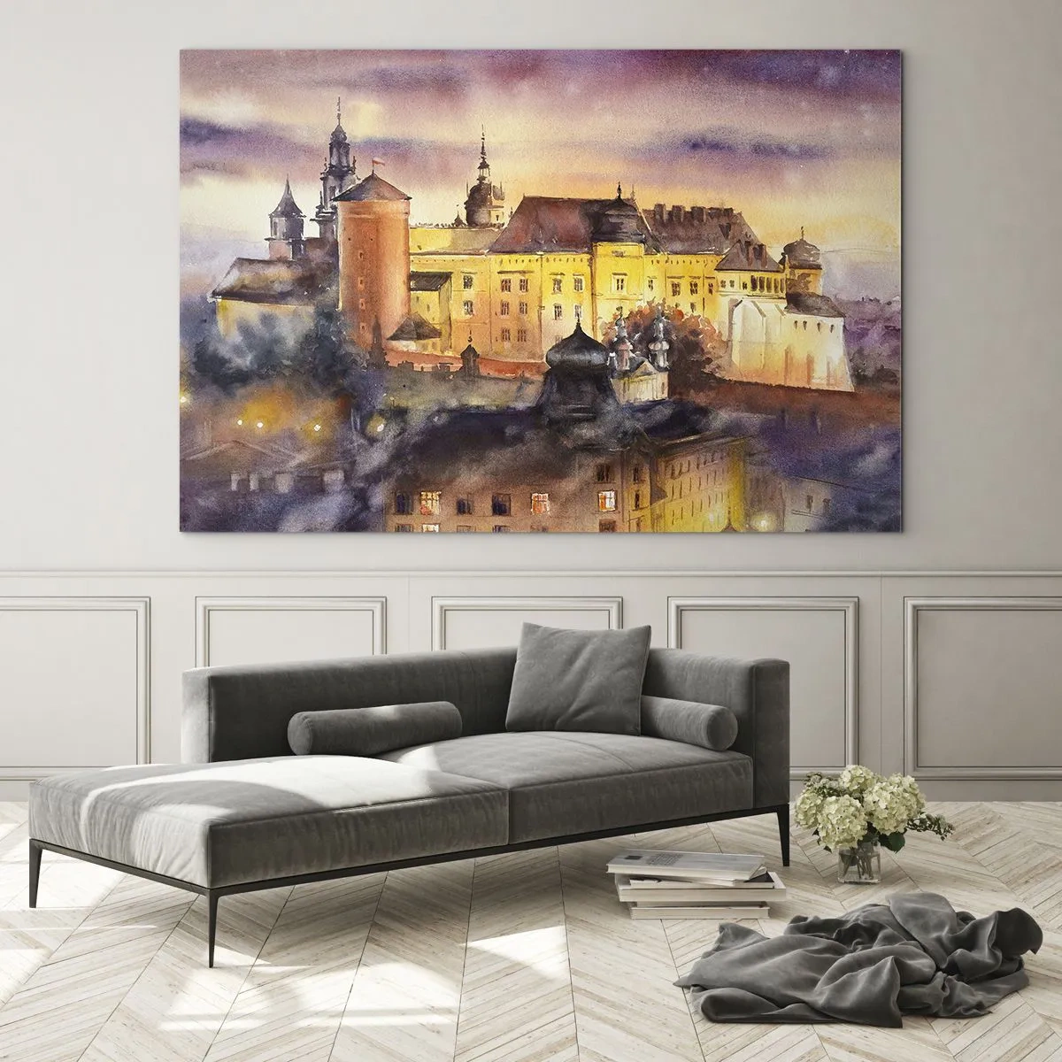 Obraz na skle - Akvarelová ilustrace hradu na kopci při západu slunce - 70x50cm - Historie a pohádka - Moderní nástěnná dekorace do obývacího pokoje a ložnice ARTTOR