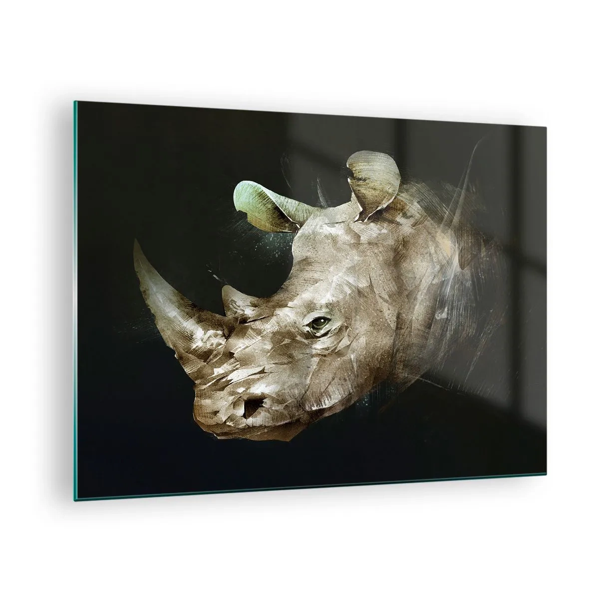Obraz na skle - Umělecké znázornění hlavy nosorožce na tmavém pozadí - 70x50cm - Skutečně mužná síla - Moderní nástěnná dekorace do obývacího pokoje a ložnice ARTTOR
