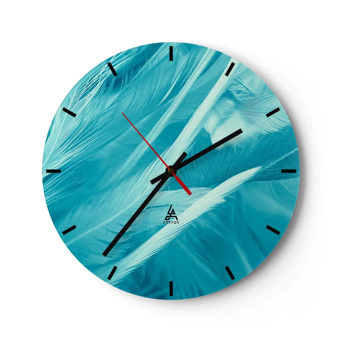 Nástěnné hodiny - Modré peří v jemném záběru - 30x30cm - Utonout v chmýří - Moderní nástěnná dekorace do obývacího pokoje, kuchyně a ložnice ARTTOR
