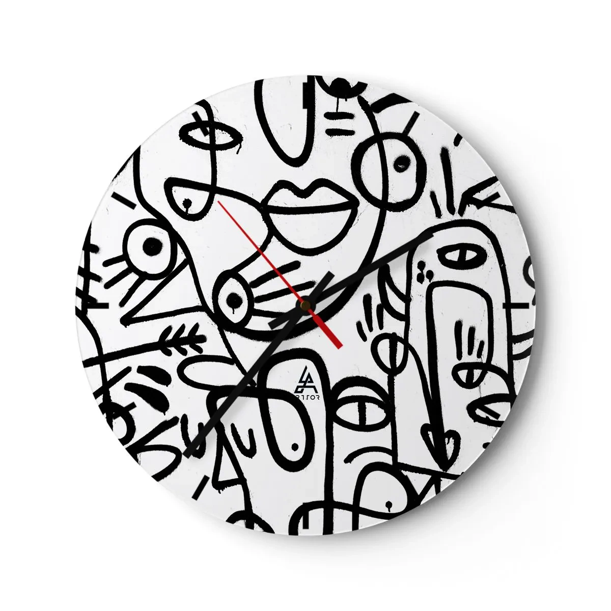 Nástěnné hodiny - Abstraktní čárová grafika tváře na bílém pozadí - 30x30cm - Tváře a přeludy - Moderní nástěnná dekorace do obývacího pokoje, kuchyně a ložnice ARTTOR