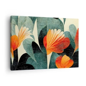 Obraz na plátně - Květy v intenzivních odstínech oranžové a zelené - 70x50cm - Tropické horko a chlad zeleně - Moderní nástěnná dekorace do obývacího pokoje a ložnice ARTTOR