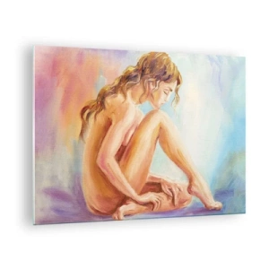 Obraz na skle - Žena v jemném odrazu na pozadí pastelových barev - 70x50cm - Akt mládí - Moderní nástěnná dekorace do obývacího pokoje a ložnice ARTTOR