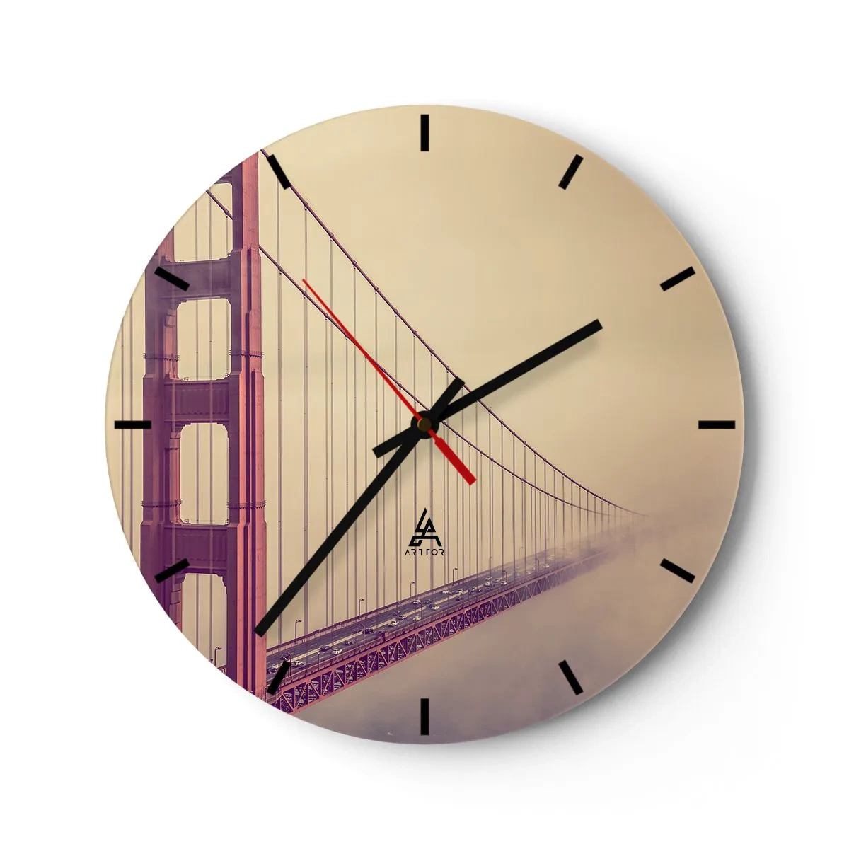 Nástěnné hodiny - Most Golden Gate v mlhavém pozadí - 30x30cm - Mezi nebem a zemí - Moderní nástěnná dekorace do obývacího pokoje, kuchyně a ložnice ARTTOR