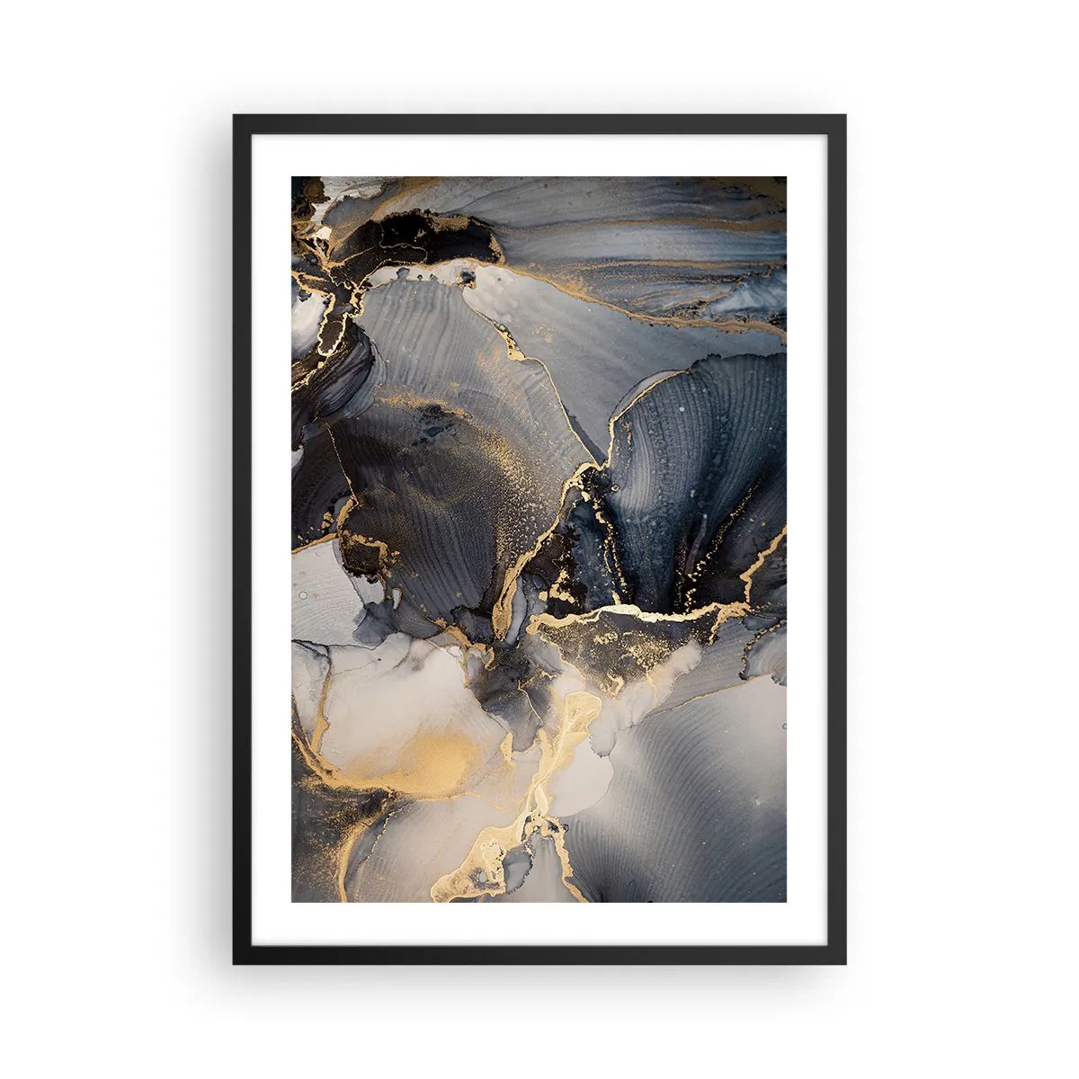Plakát v černém rámu - Abstraktní kompozice v tmavých odstínech se zlatými akcenty. - 50x70cm - Život kamene - Moderní nástěnná dekorace do obývacího pokoje a ložnice ARTTOR