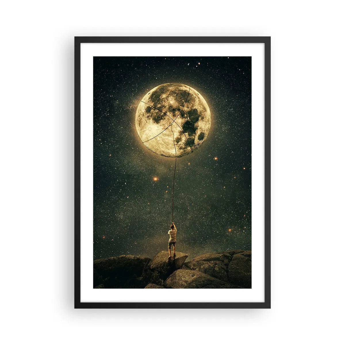 Plakát v černém rámu - Postava držící měsíc na laně v hvězdné krajině. - 50x70cm - Kluk, který ukradl měsíc - Moderní nástěnná dekorace do obývacího pokoje a ložnice ARTTOR
