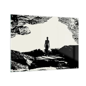 Obraz na skle - Silueta ženy vycházející z jeskyně v černobílé grafice - 70x50cm - Nový pohled - Moderní nástěnná dekorace do obývacího pokoje a ložnice ARTTOR