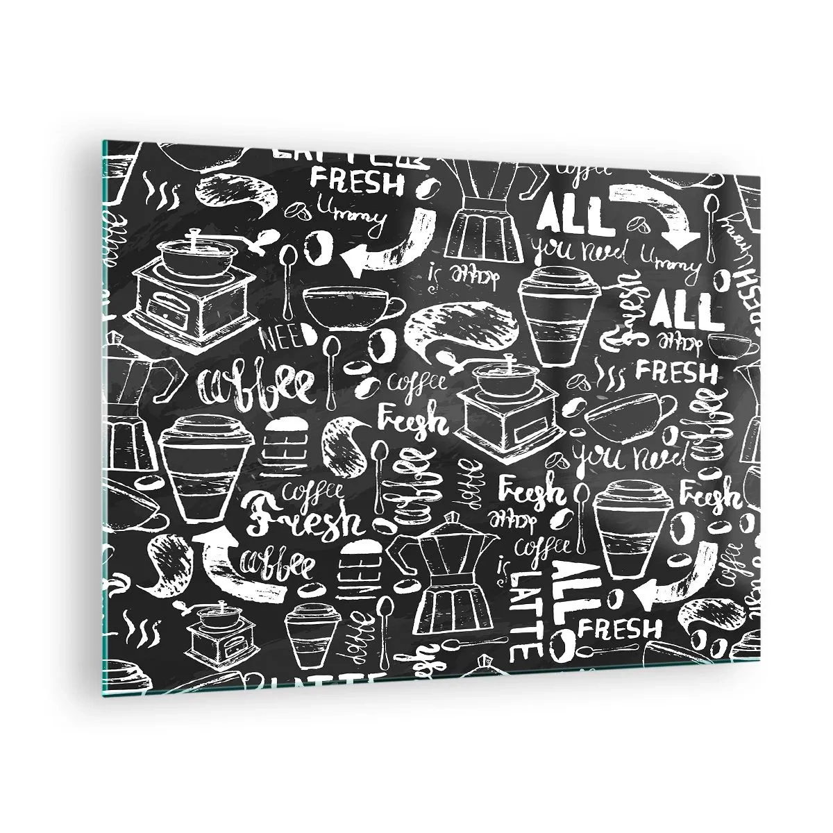 Obraz na skle - Kávová grafika a nápisy na černém pozadí v retro stylu - 70x50cm - All you need is… - Moderní nástěnná dekorace do obývacího pokoje a ložnice ARTTOR