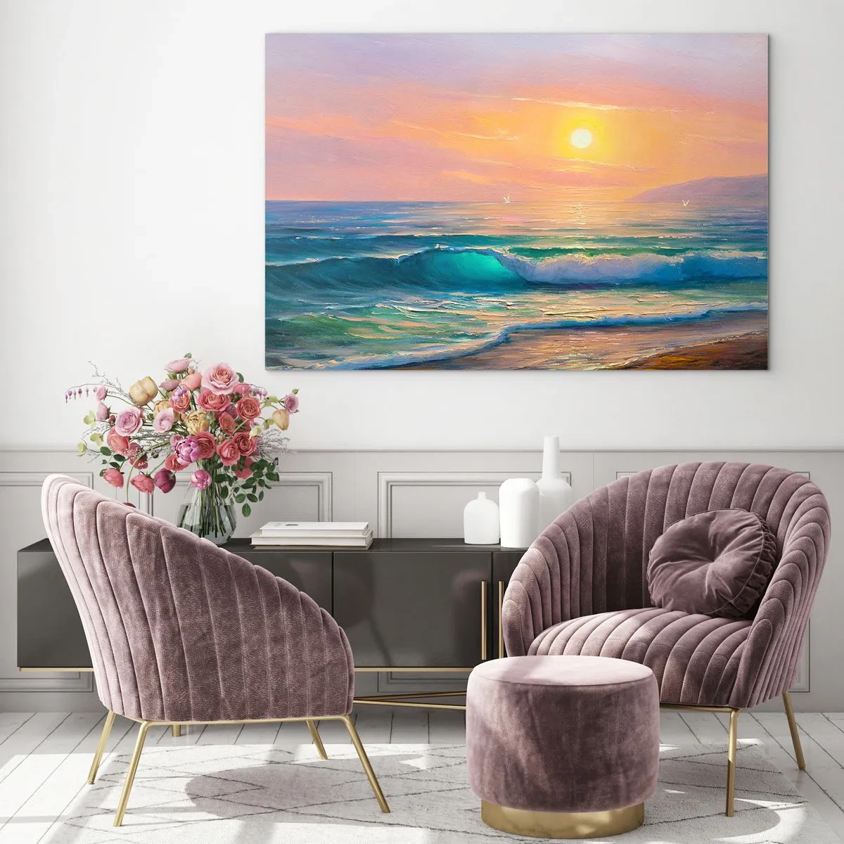Obraz na skle - Mořská krajina s vlnami a západem slunce v tyrkysových odstínech - 70x50cm - Tyrkysová píseň vln - Moderní nástěnná dekorace do obývacího pokoje a ložnice ARTTOR