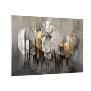 Obraz na skle - Abstraktní tvary v odstínech šedé, bílé a zlaté - 70x50cm - Kompozice z ledu a světla - Moderní nástěnná dekorace do obývacího pokoje a ložnice ARTTOR