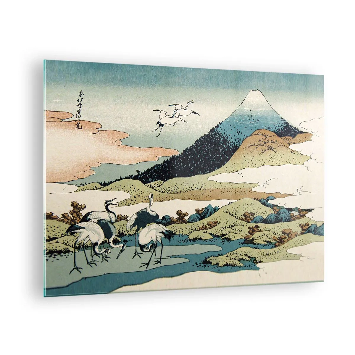 Obraz na skle - Obraz ptáků v japonské krajině s výhledem na horu Fudži. - 70x50cm - V japonském duchu - Moderní nástěnná dekorace do obývacího pokoje a ložnice ARTTOR