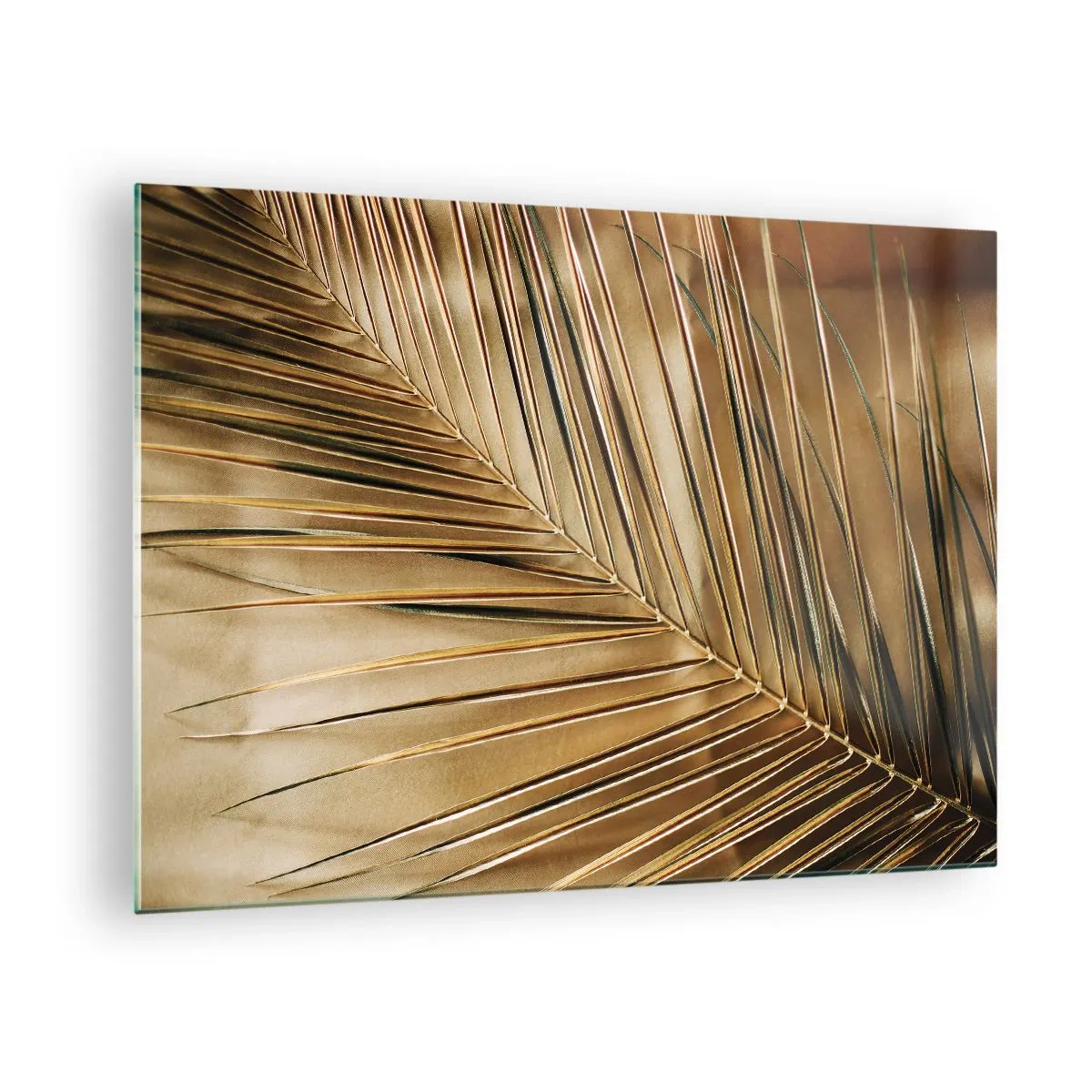 Obraz na skle - Detail palmového listu ve zlatavě hnědých tónech - 70x50cm - Přírodní kolonáda - Moderní nástěnná dekorace do obývacího pokoje a ložnice ARTTOR