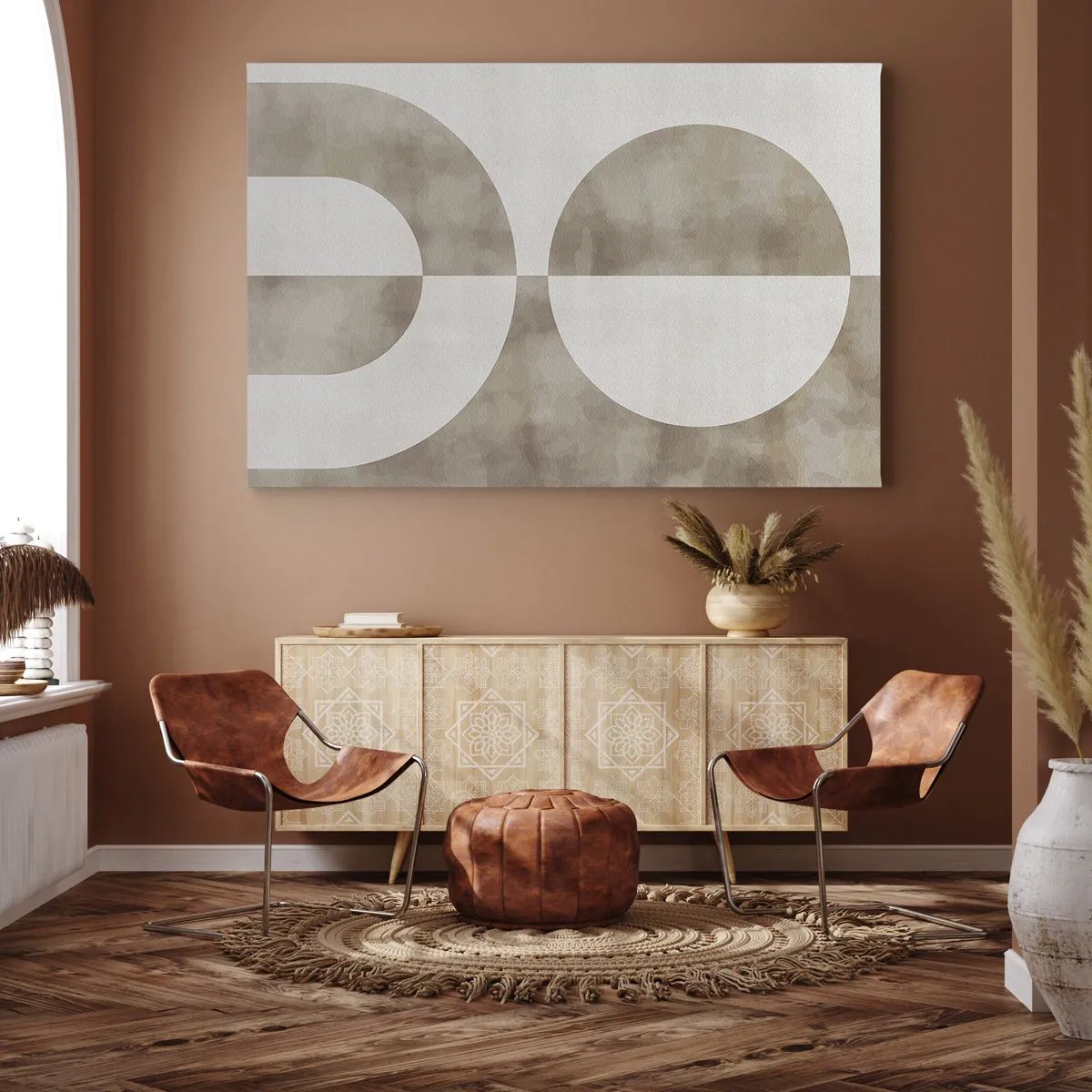 Obraz na plátně - Abstraktní obraz v béžových odstínech s geometrickými tvary a symetrií. - 70x50cm - Podobnosti a rozdíly - Moderní nástěnná dekorace do obývacího pokoje a ložnice ARTTOR