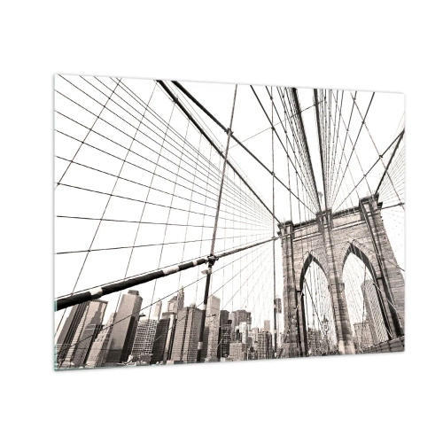 Obraz na skle - Visutý most s panoramatem města v pozadí v sépiovém odstínu - 70x50cm - Newyorská katedrála - Moderní nástěnná dekorace do obývacího pokoje a ložnice ARTTOR
