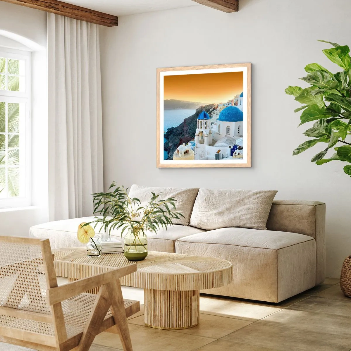 Plakát v rámu světlý dub - Santorini - přitulené ke skalám - 60x60 cm