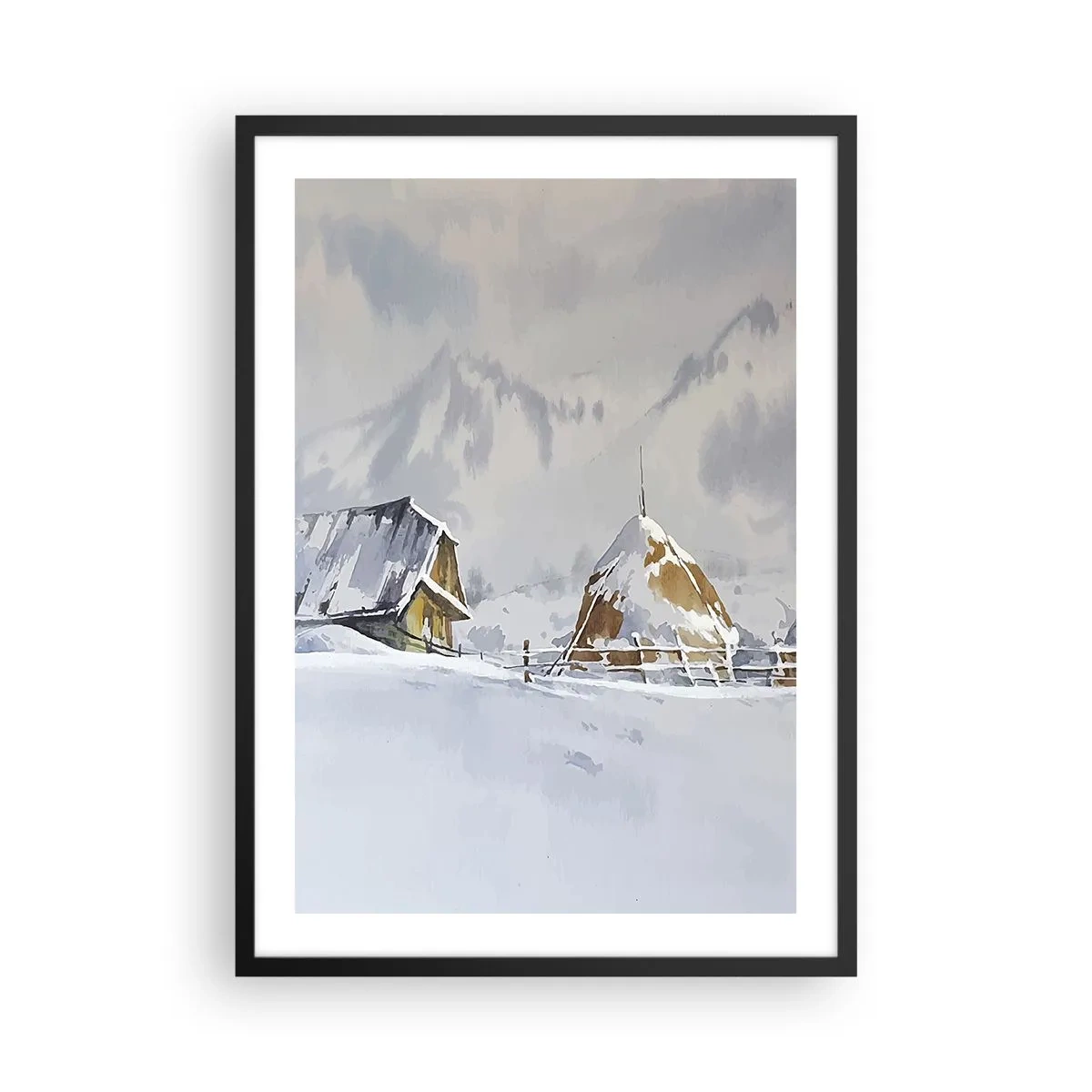 Plakát v černém rámu - Zimní krajina s chatou a kupkou sena v horách - 50x70cm - V zasněženém údolí - Moderní nástěnná dekorace do obývacího pokoje a ložnice ARTTOR