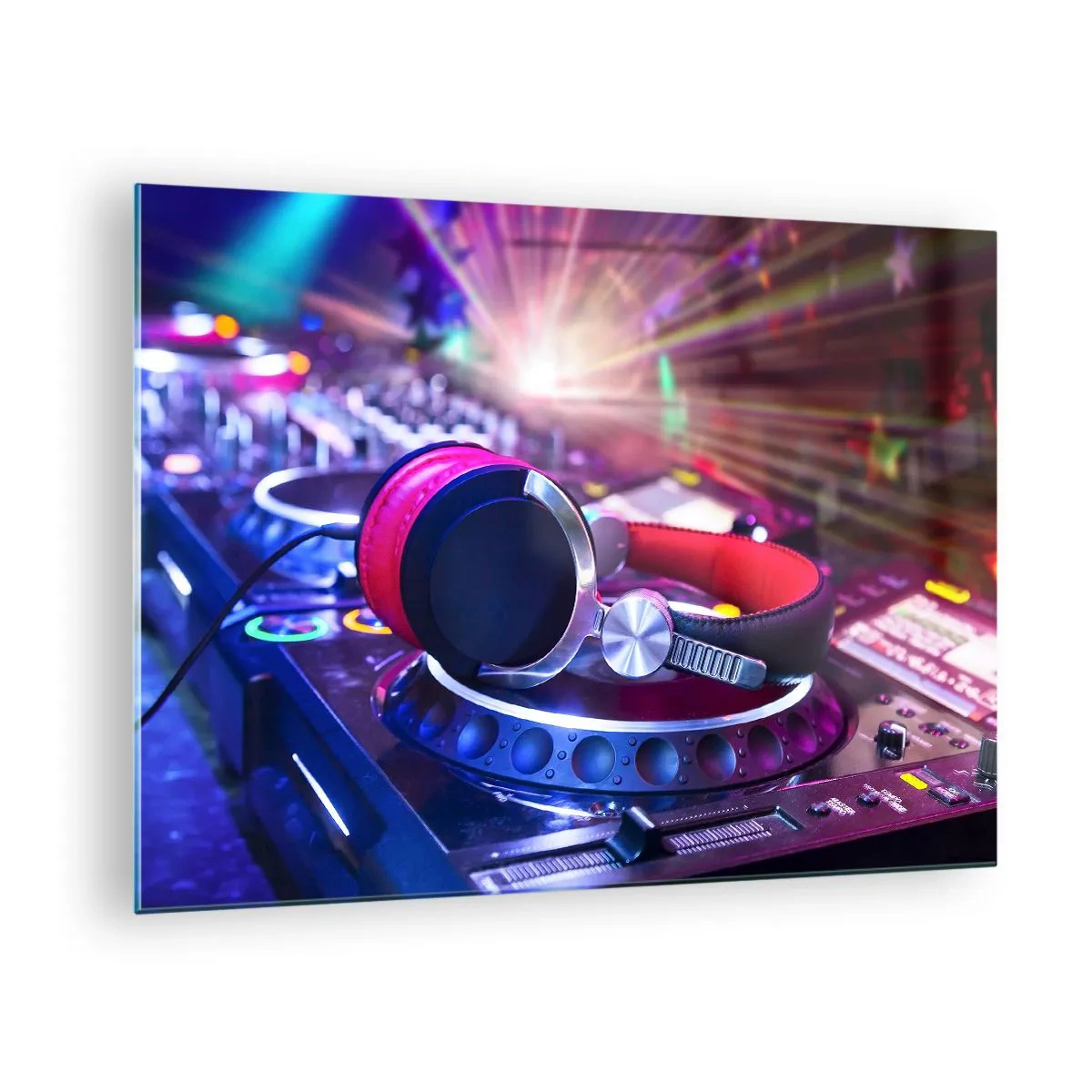 Obraz na skle - DJ vybavení s barevnými světly a sluchátky - 70x50cm - Bude, bude se dít - Moderní nástěnná dekorace do obývacího pokoje a ložnice ARTTOR