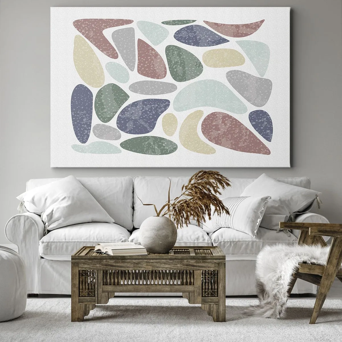 Obraz na plátně - Barevné organické tvary na bílém pozadí - 70x50cm - Mozaika práškových barev - Moderní nástěnná dekorace do obývacího pokoje a ložnice ARTTOR