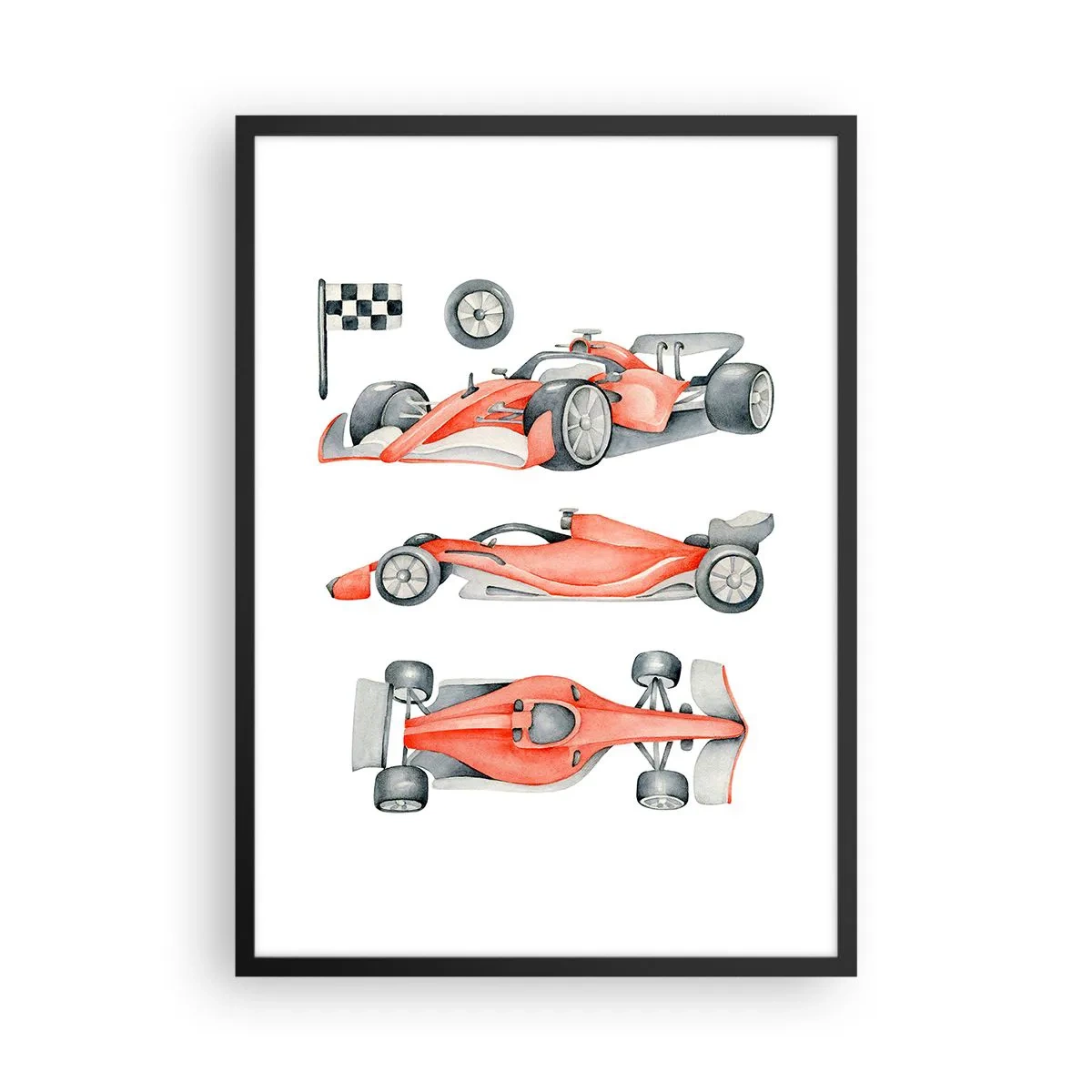 Plakát v černém rámu - Akvarelová ilustrace závodního auta - 50x70cm - Dohnat sen - Moderní nástěnná dekorace do obývacího pokoje a ložnice ARTTOR