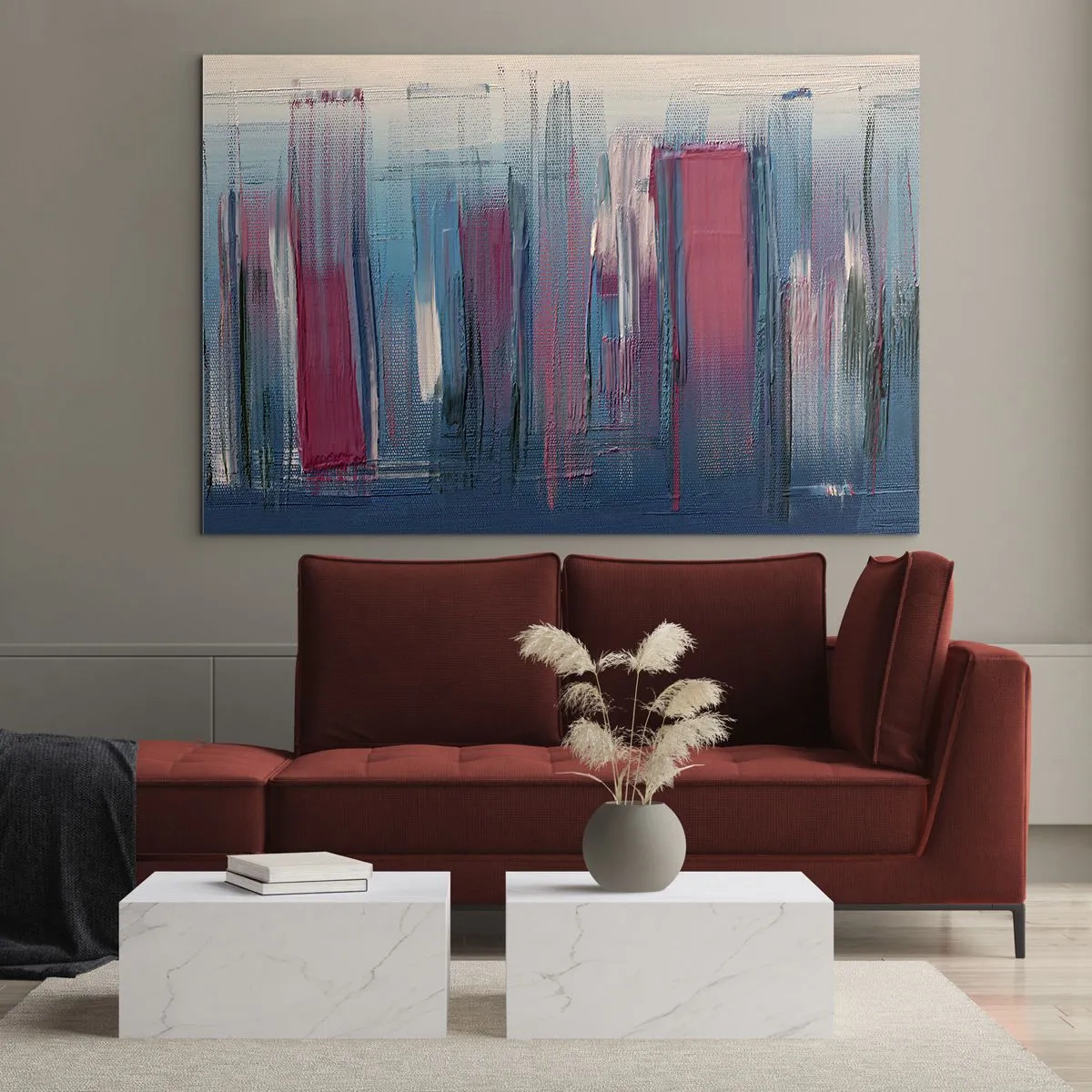 Obraz na skle - Vertikální kompozice v modré a červené - 120x80 cm