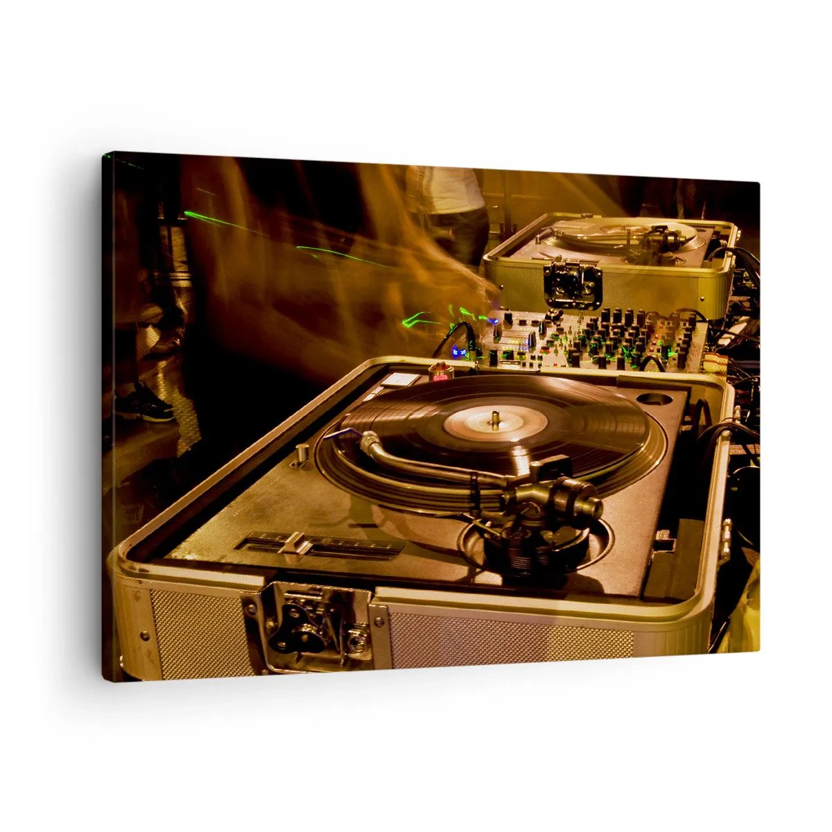 Obraz na plátně - DJ vybavení s gramofonem a mixérem během večírku - 70x50cm - Cítíš tu sílu? - Moderní nástěnná dekorace do obývacího pokoje a ložnice ARTTOR