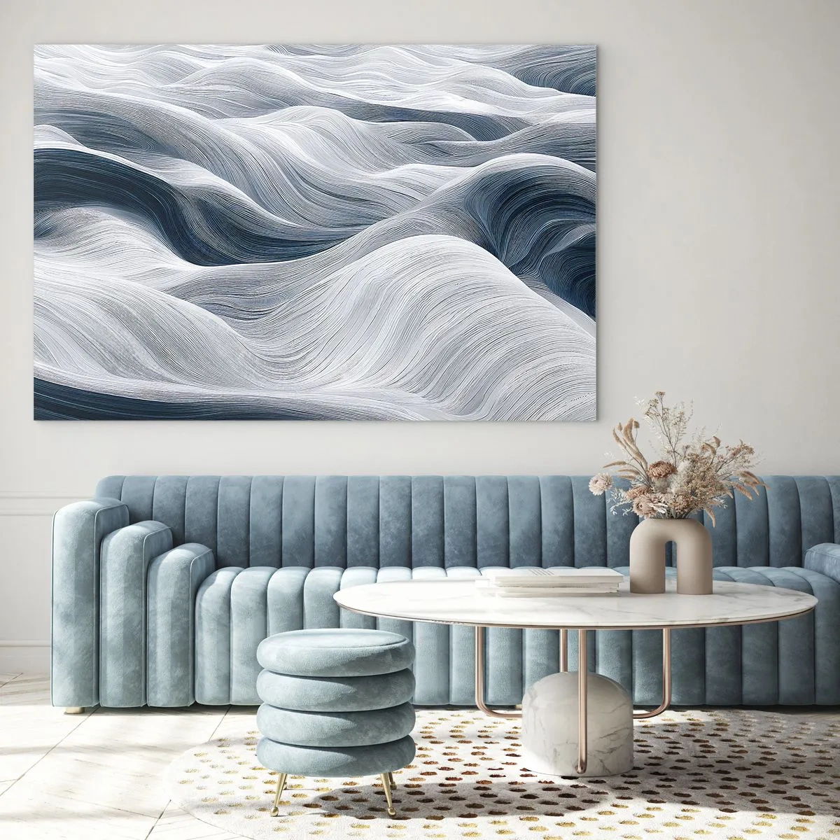 Obraz na skle - Abstraktní vlny v odstínech bílé a modré vytvářející efekt pohybu - 70x50cm - Bílé a modré vlny - Moderní nástěnná dekorace do obývacího pokoje a ložnice ARTTOR