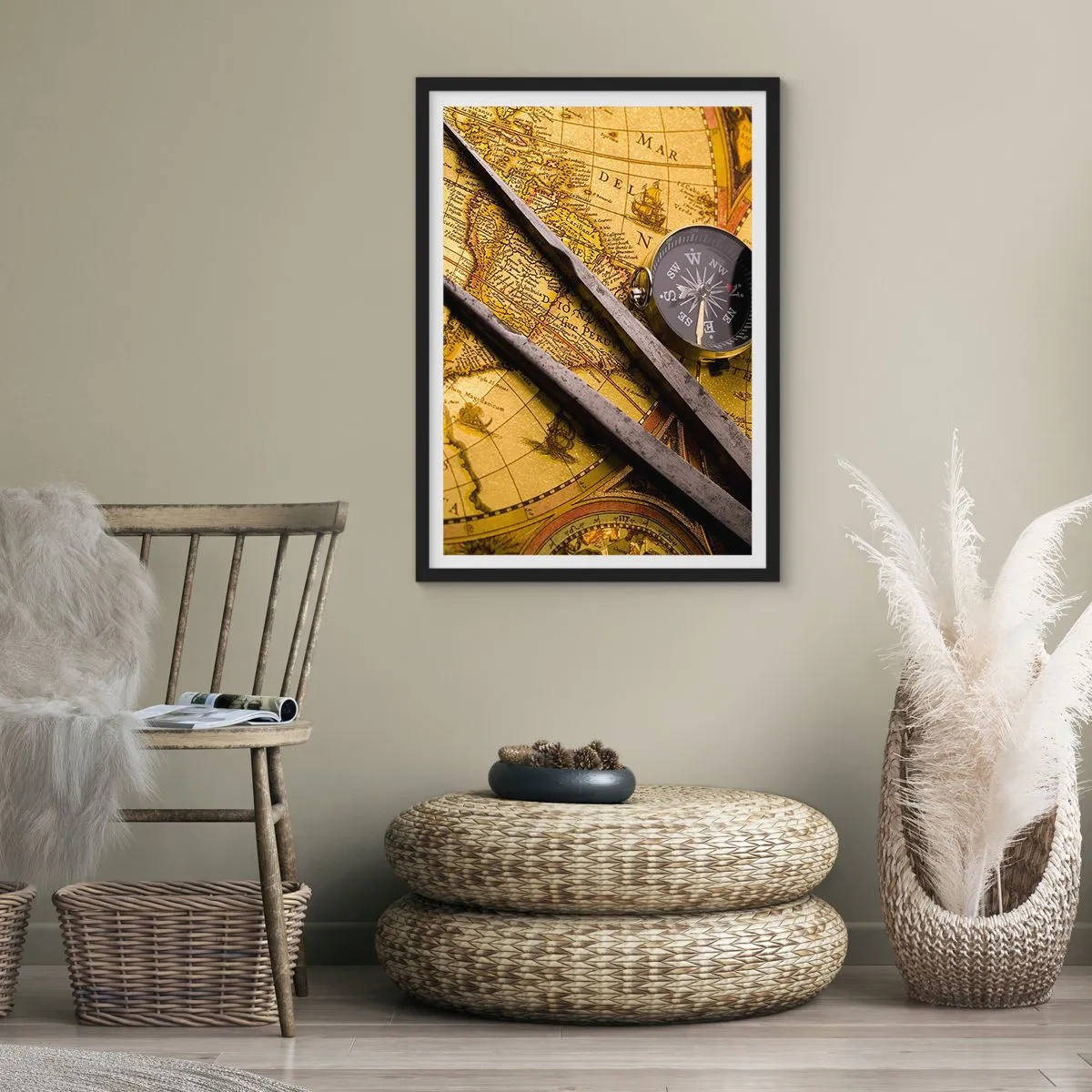 Plakát v černém rámu - Stará mapa s kompasem a navigačními nástroji - 50x70cm - Kde jsou ty poklady? - Moderní nástěnná dekorace do obývacího pokoje a ložnice ARTTOR