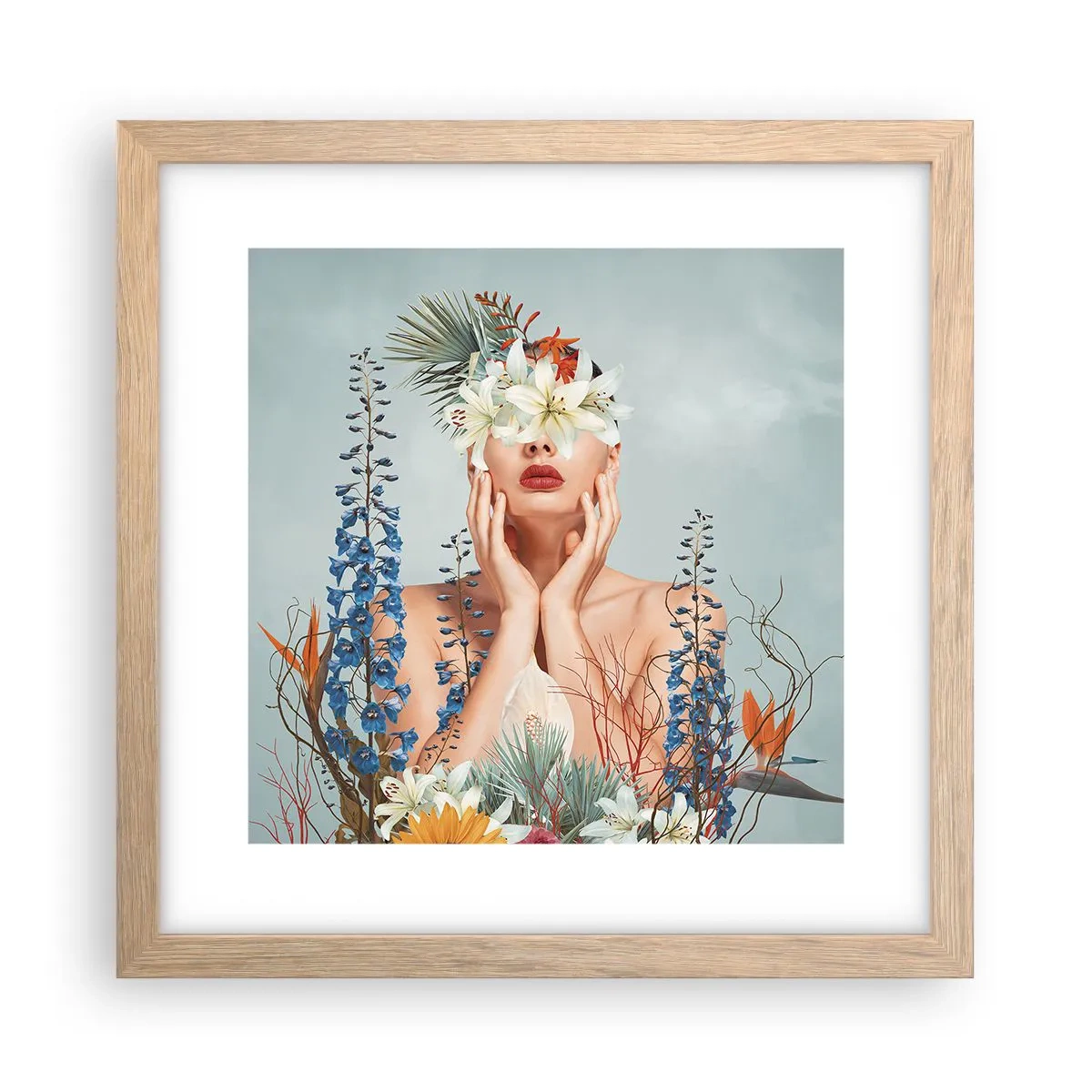 Plakát v rámu světlý dub - Žena – květina - 30x30 cm