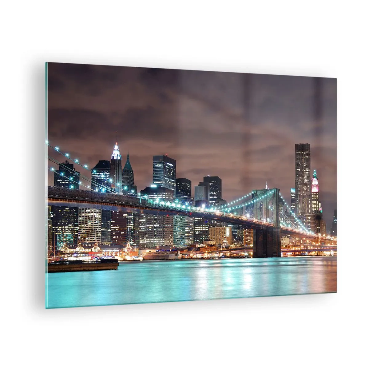 Obraz na skle - Noční panorama města s osvětleným mostem - 70x50cm - Světla velkoměsta - Moderní nástěnná dekorace do obývacího pokoje a ložnice ARTTOR