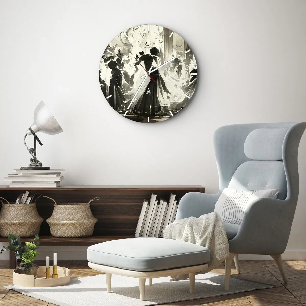 Nástěnné hodiny - Maškarní taneční postavy tančící v elegantním interiéru - 30x30cm - Velká maškaráda - Moderní nástěnná dekorace do obývacího pokoje, kuchyně a ložnice ARTTOR