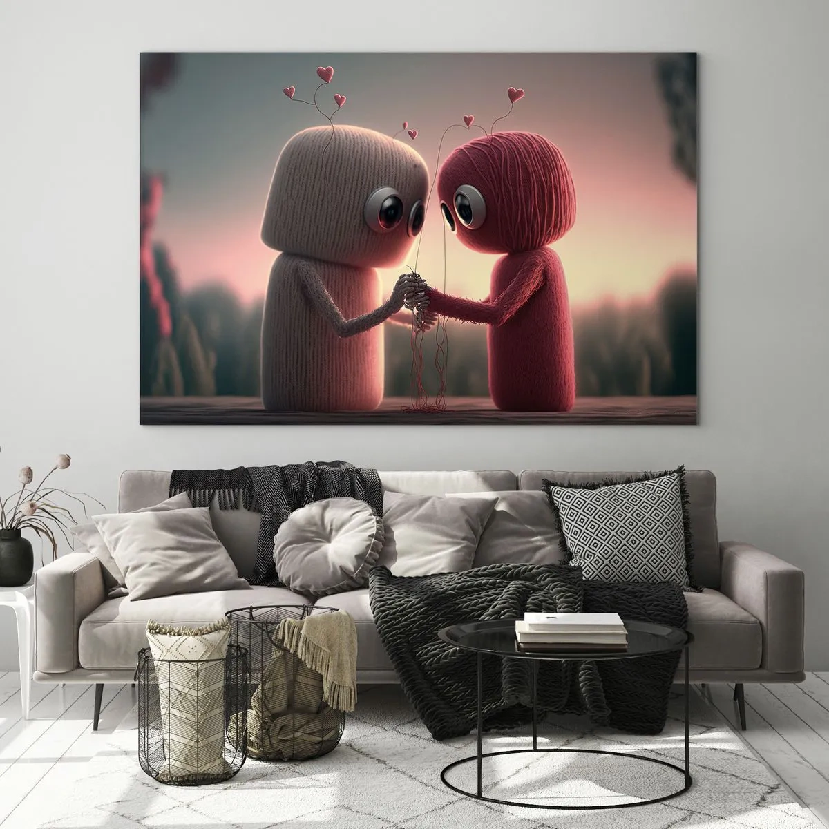 Obraz na skle - Dvě postavy z příze držící se za ruce se srdíčky - 70x50cm - Každý může milovat - Moderní nástěnná dekorace do obývacího pokoje a ložnice ARTTOR