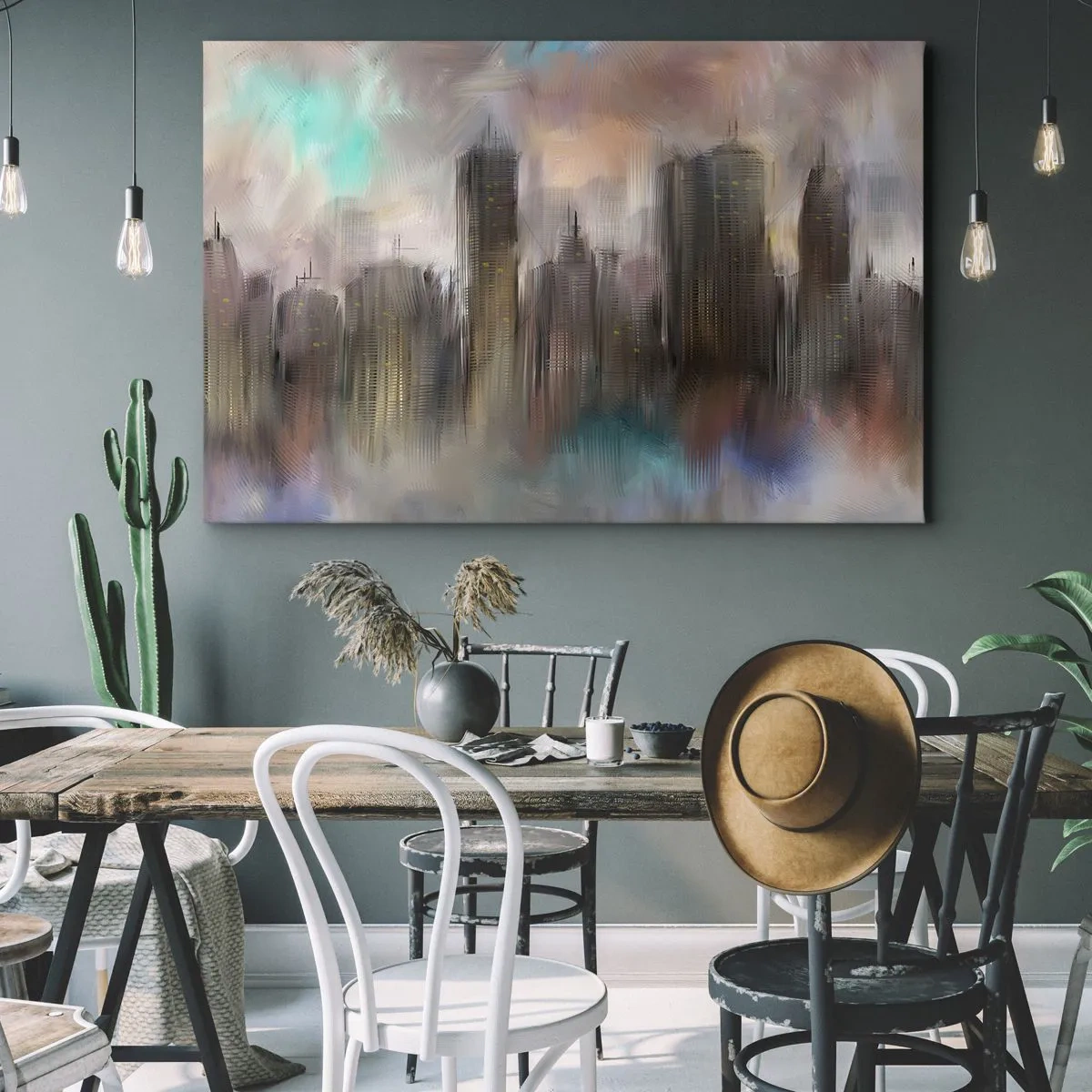 Obraz na plátně - Umělecká vize městské krajiny s mrakodrapy v pastelových barvách. - 70x50cm - Kompozice z oceli, kamene a mlhy - Moderní nástěnná dekorace do obývacího pokoje a ložnice ARTTOR