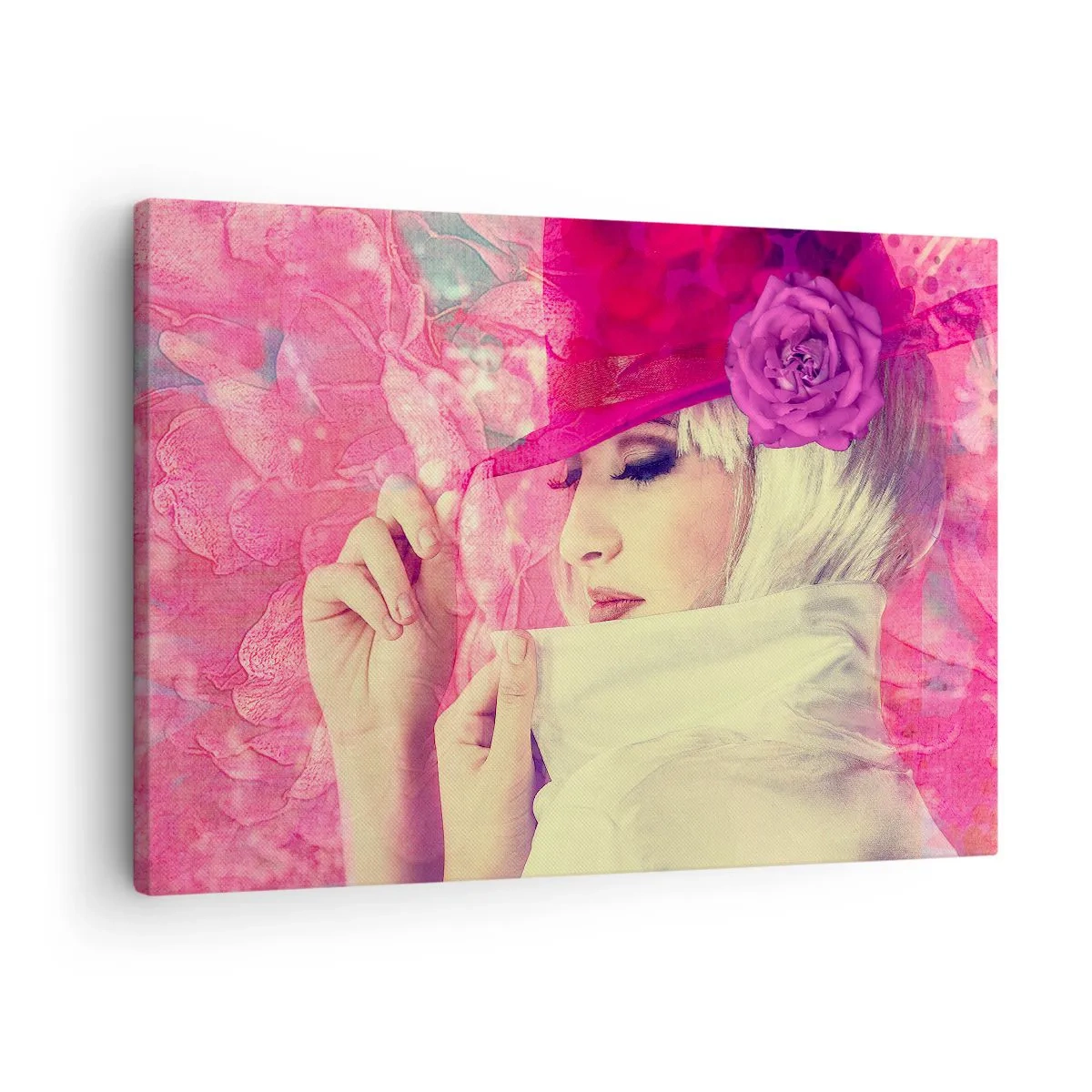 Obraz na plátně - Stylová žena v růžovém klobouku s květinou - 70x50cm - Retro portrét v růžové mlze - Moderní nástěnná dekorace do obývacího pokoje a ložnice ARTTOR