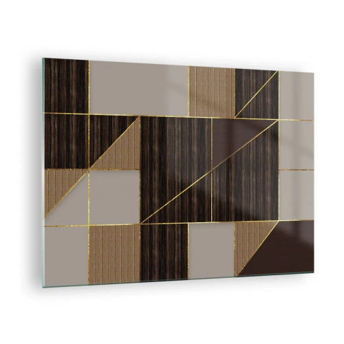 Obraz na skle - Abstraktní mozaika s hnědými a zlatými prvky - 70x50cm - Mozaika hnědé a zlaté - Moderní nástěnná dekorace do obývacího pokoje a ložnice ARTTOR