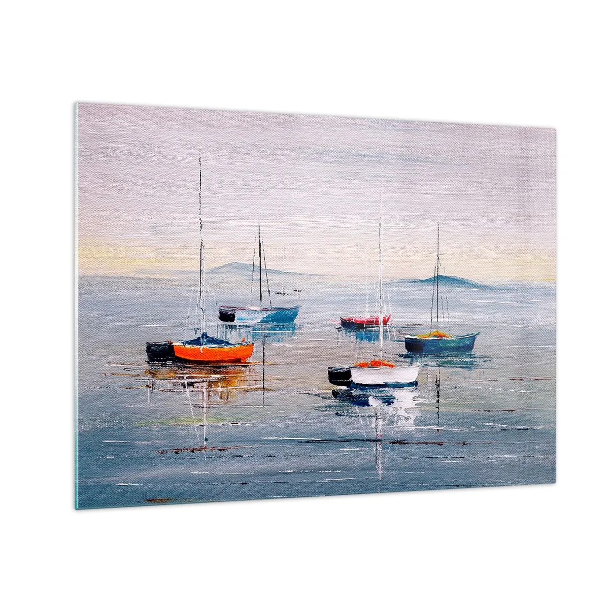 Obraz na skle - Barevné lodě plující na klidné vodě při západu slunce - 70x50cm - Zasloužený odpočinek - Moderní nástěnná dekorace do obývacího pokoje a ložnice ARTTOR