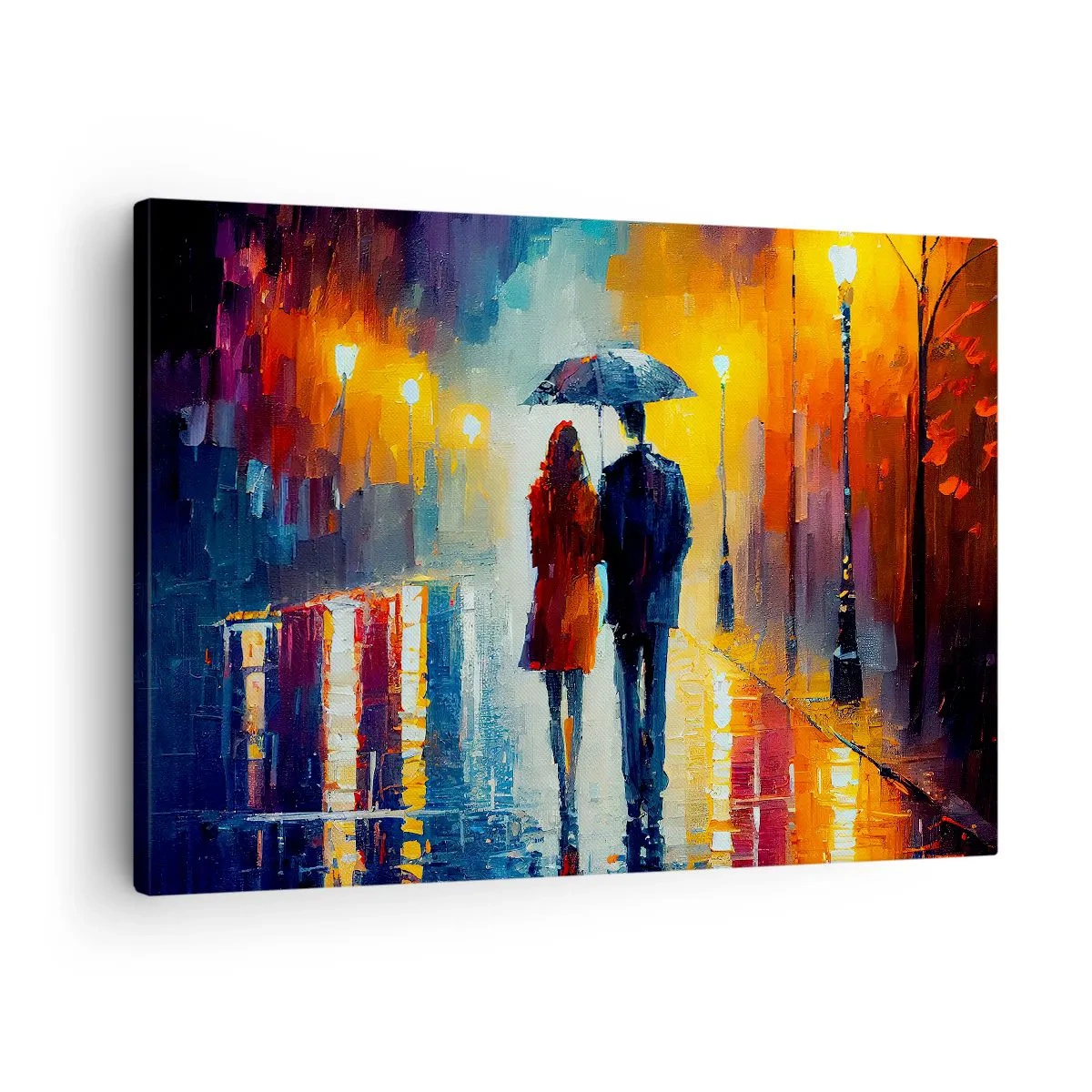 Obraz na plátně - Pár pod deštníkem procházející se barevným nočním městem - 70x50cm - Spolu – barevná noc - Moderní nástěnná dekorace do obývacího pokoje a ložnice ARTTOR