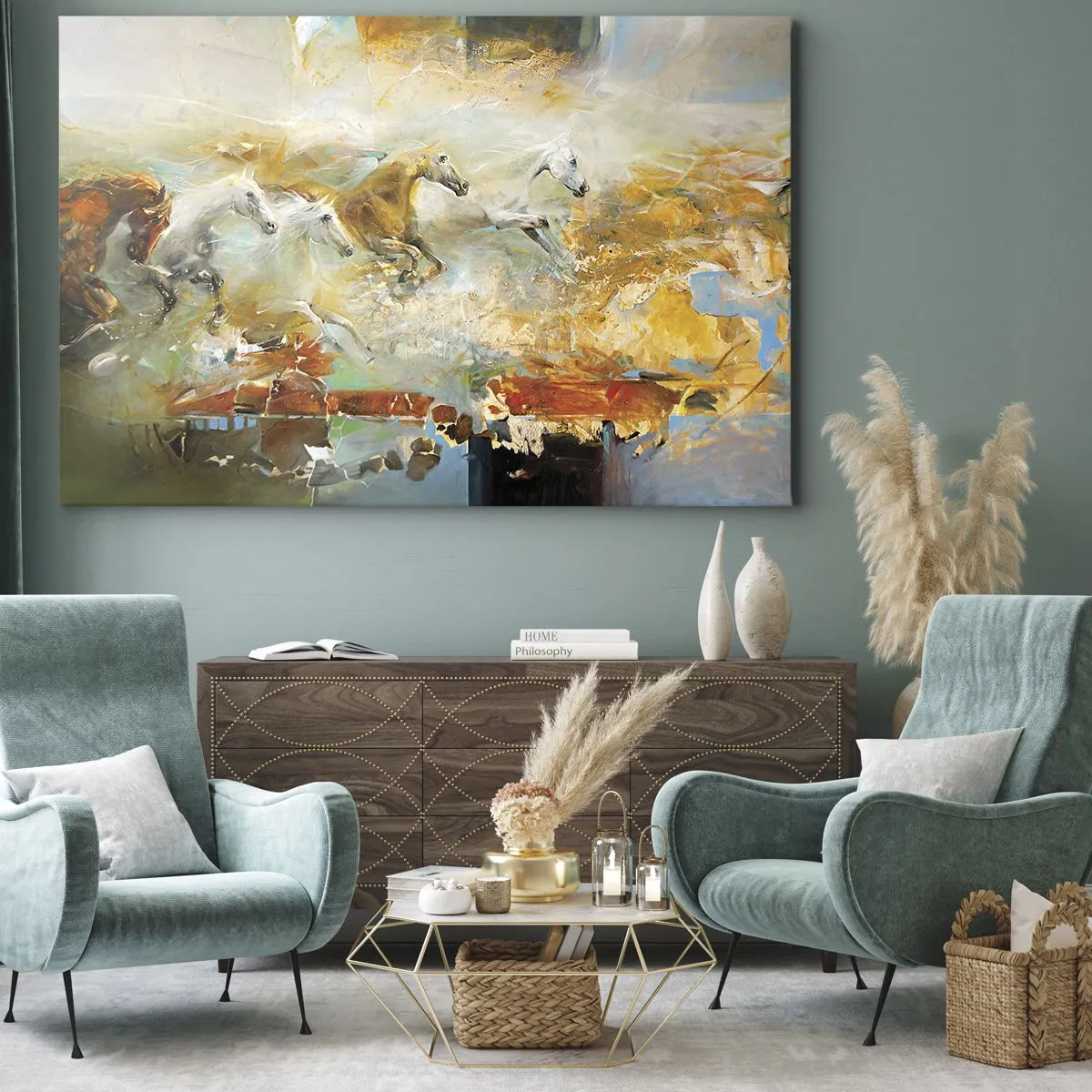 Obraz na plátně - Umělečtí koně v dynamickém, barevném prostředí - 70x50cm - Cválá světlem - Moderní nástěnná dekorace do obývacího pokoje a ložnice ARTTOR