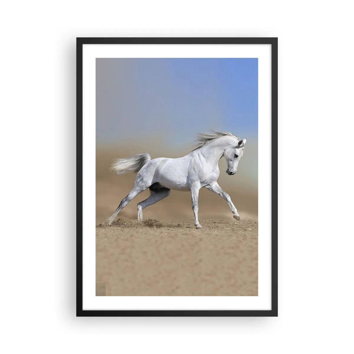Plakát v černém rámu - Bílý kůň cválající na pozadí pouště - 50x70cm - Nejkrásnější arabská pohádka - Moderní nástěnná dekorace do obývacího pokoje a ložnice ARTTOR