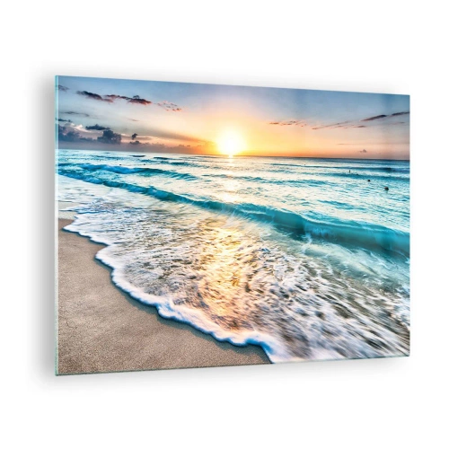 Obraz na skle - Pláž ráno s vlnami a východem slunce - 70x50cm - Výhled, který stojí za to - Moderní nástěnná dekorace do obývacího pokoje a ložnice ARTTOR