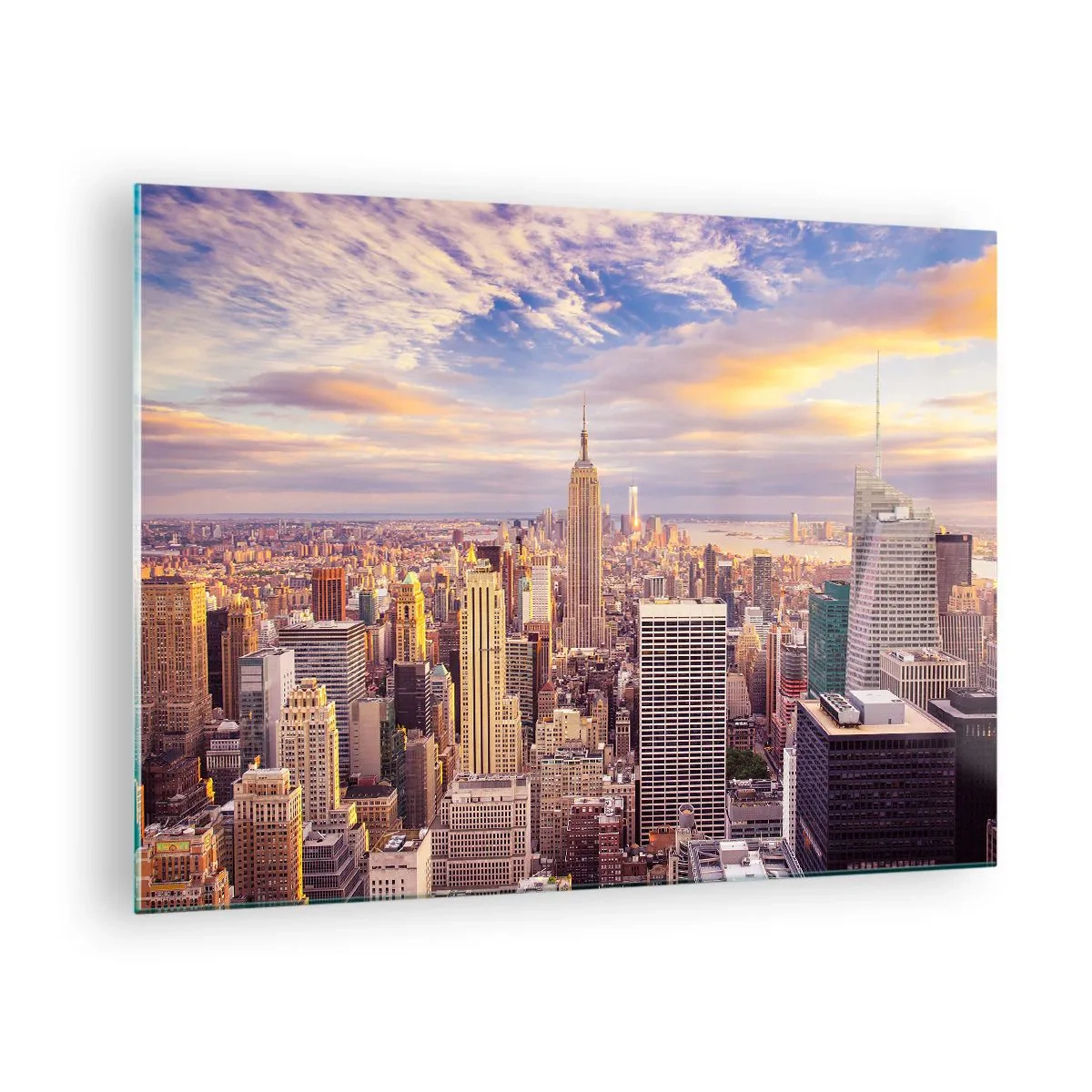 Obraz na skle - Panorama města s mrakodrapy při západu slunce - 70x50cm - Dosáhnout samotná oblaka - Moderní nástěnná dekorace do obývacího pokoje a ložnice ARTTOR