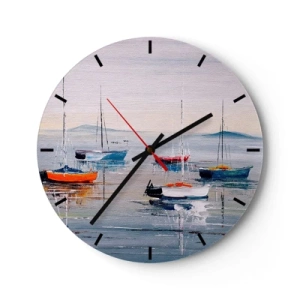 Nástěnné hodiny - Barevné lodě kotvící pokojně na vodní hladině - 30x30cm - Zasloužený odpočinek - Moderní nástěnná dekorace do obývacího pokoje, kuchyně a ložnice ARTTOR