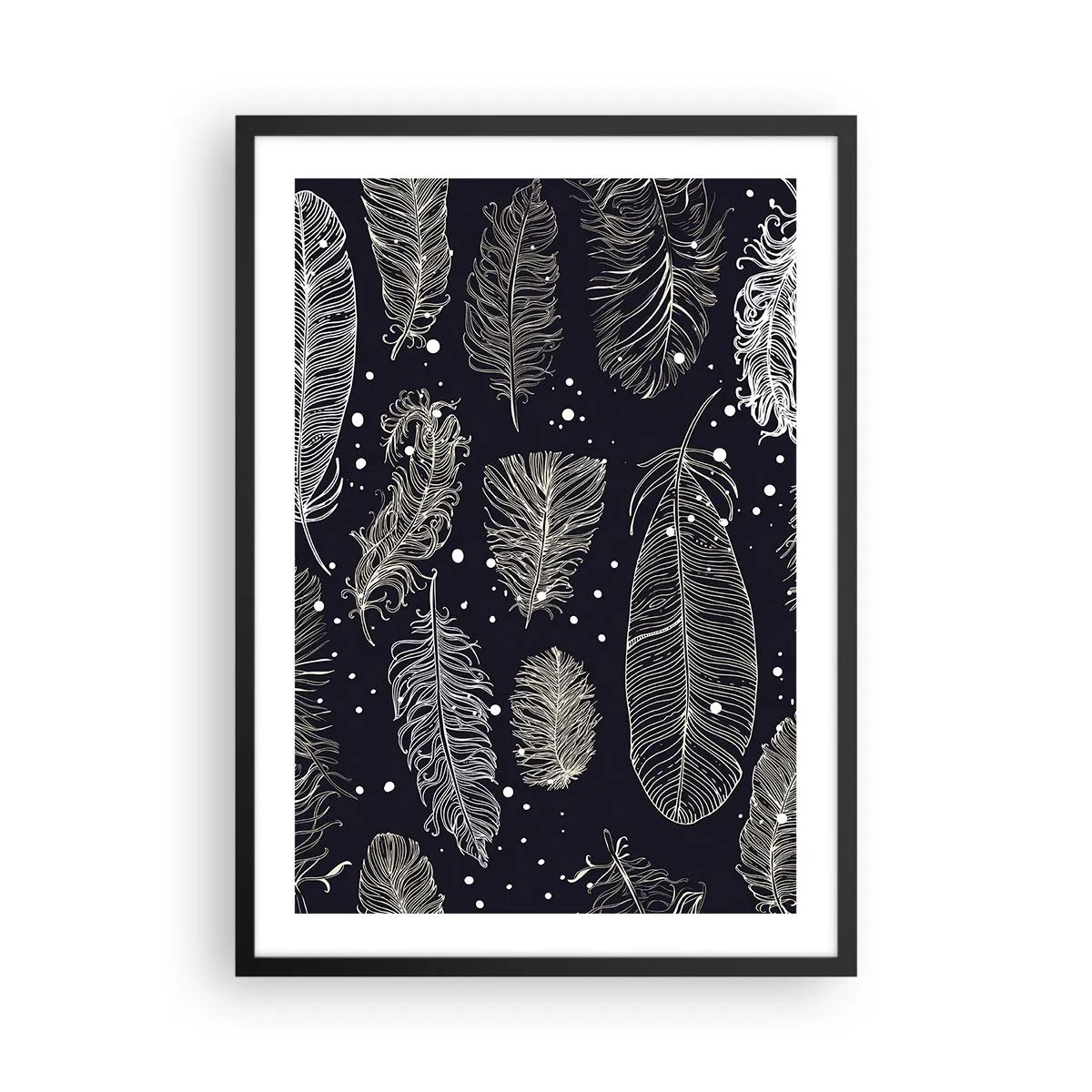 Plakát v černém rámu - Bílé peří na černém pozadí v elegantním aranžmá - 50x70cm - Krajka s peřím - Moderní nástěnná dekorace do obývacího pokoje a ložnice ARTTOR