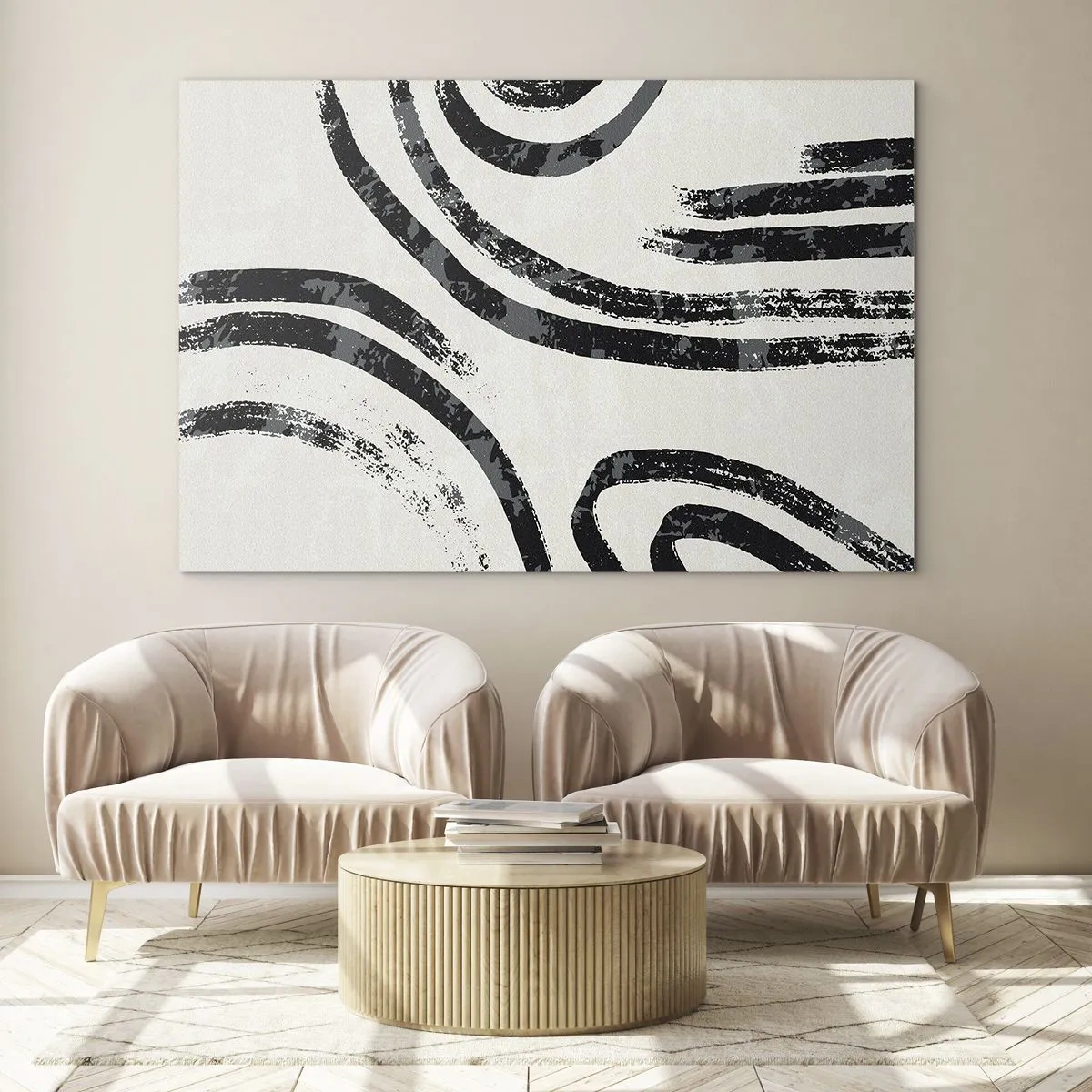 Obraz na skle - Černé půlkruhové čáry v minimalistické abstrakci na světlém pozadí - 70x50cm - Napůl zastavený - Moderní nástěnná dekorace do obývacího pokoje a ložnice ARTTOR