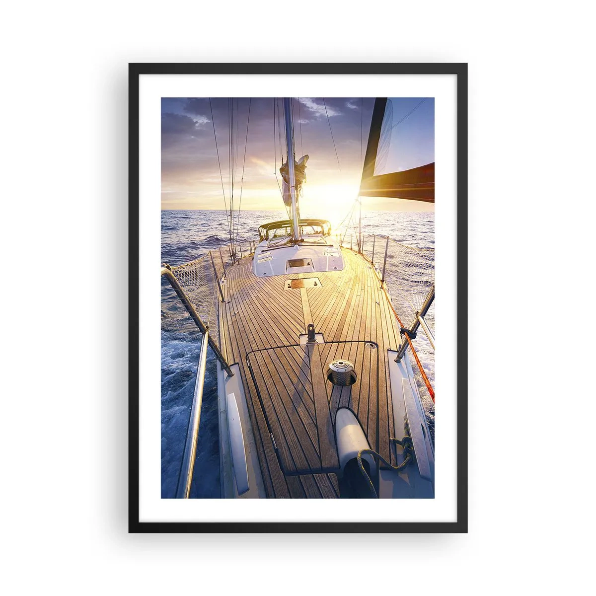 Plakát v černém rámu - Paluba jachty s výhledem na oceán a západ slunce - 50x70cm - Běžící po vlnách - Moderní nástěnná dekorace do obývacího pokoje a ložnice ARTTOR