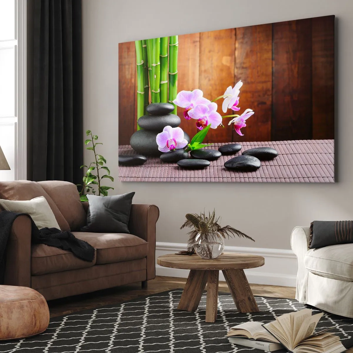 Obraz na plátně - Zen-styl bambus, kameny a růžové orchideje na dřevěném pozadí - 70x50cm - Seznamte se s potěšením východu - Moderní nástěnná dekorace do obývacího pokoje a ložnice ARTTOR